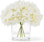 Silk Hydrangea Artificial Flowers in Vase with Faux Water, Silk Flower Arrangements in Vase for Wedding, Dining Table, Living Room (Cream White)