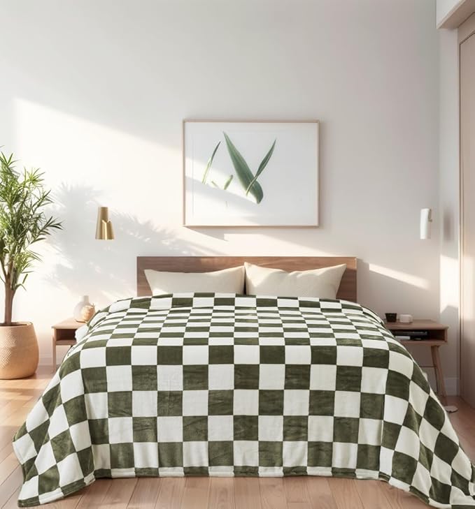 Checkered Queen Size Blanket,90x90 Inches Sage Green Microfiber Soft Cozy Fluffy Warm Hand Made Queen Throw Blankets for Queen Full Bed,Couch, Sofa, Chair, Camping, Picnic,Sage Green