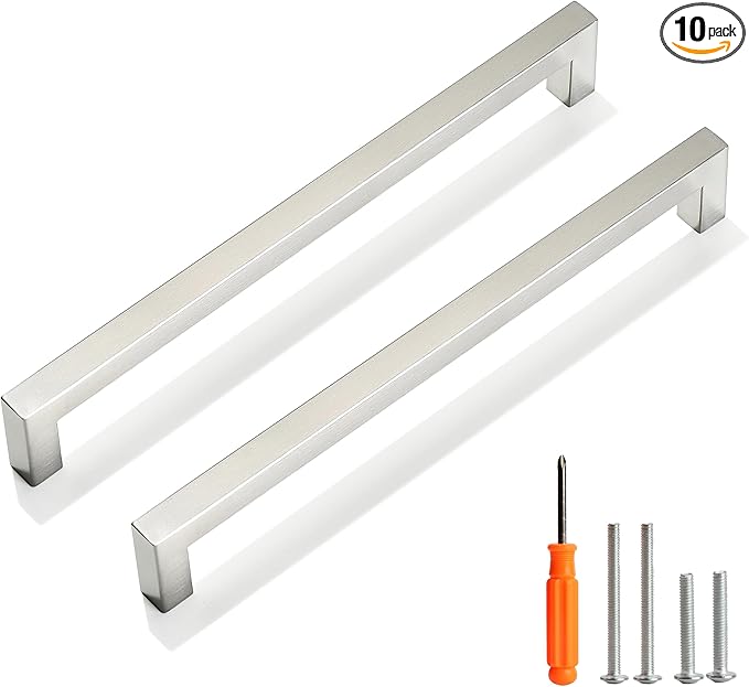Cabinet Pulls Brushed Nickel Cabinet Handles Square Drawer Pulls, 10 Pack 8-4/5 Inch Stainless Steel Kitchen Door Cupboard Cabinet Handles, Cabinet Hardware Drawer Handles, 224mm Hole Centers
