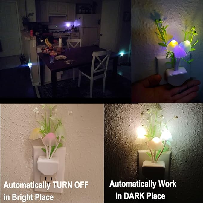 AUSAYE Sensor Night Light Plug in Mushroom Light LED Color Changing Nightlights for Kids, Adults, Bedroom, Bathroom,Hallway, Stairs, Kitchen Pack of 6