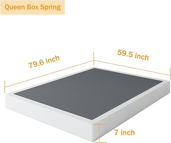 Queen Box Spring 7 Inch Low Profile Box Spring Queen Size Bed Base, 3000 lbs Black Heavy Duty Metal Mattress Foundation with Easy Clean Fabric Cover,Easy Assembly