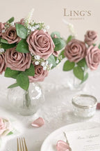 Ling's moment Artificial Flowers 25Pcs Dusty Rose Roses Decor w/Stems,3" Real Touch DIY Foam Floral for Wedding Bouquet/Centerpieces, Outdoors Party Backdrop, Room/Table, and Garden/Pot Decorations