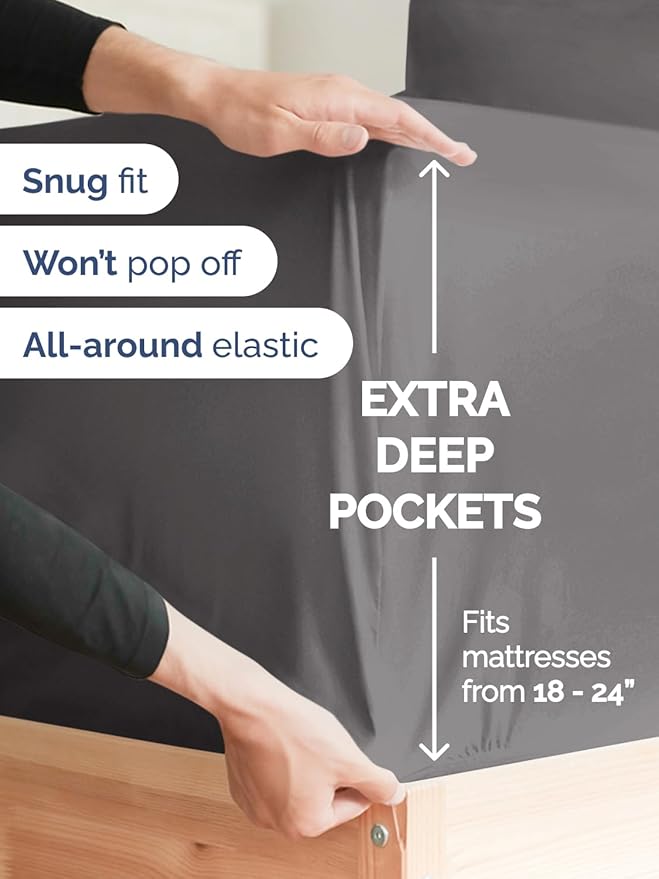 Extra Deep Split King Sheet Set - 7 Piece Breathable and Cooling Sheets - Hotel Luxury Bed Sheets Set - Easy Fit - Soft, Wrinkle Free and Comfy Sheets Set - Dark Grey Sheet Set with Extra Deep Pockets