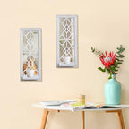 Wood Wall Sconce Candle Holder Set 2, Rustic Wall-Mount Candle Holders, Farmhouse Hanging Wall Décor, Carved Wood Frame, Mirrored Candle Holder (Distressed White)