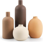 Ceramic Neutral Vase Set of 4 for Farmhouse Home Decor, Rustic Decorative Vases for Boho Living Room Centerpieces, Entryway Decorations, Coffee Table, Bookshelf, Fireplace Mantel
