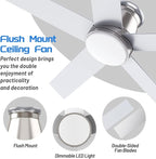 wurzee 60 inch Flush Mount Ceiling Fan Brushed Nickel ceiling fans with lights 6 Speeds DC Reversible Motor, Timing, Dimmable, 5 Blades for Bedroom,Living Room Dining Room Patio