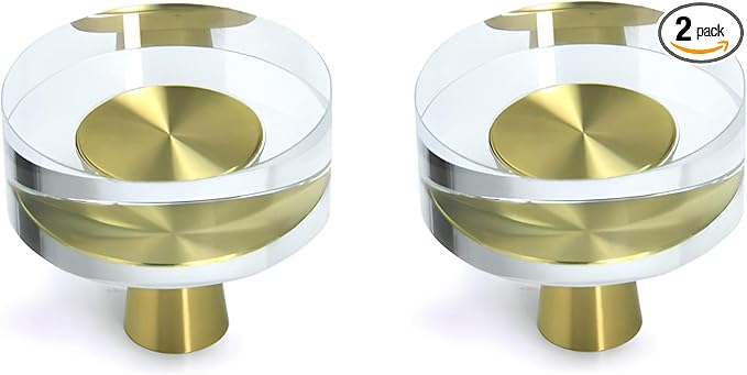JEREVER 2 Pack Glass Crystal Knobs Brass Drawer Pull Cabinet Handle Gold Furniture Hardware for Dresser Kitchen (Round)