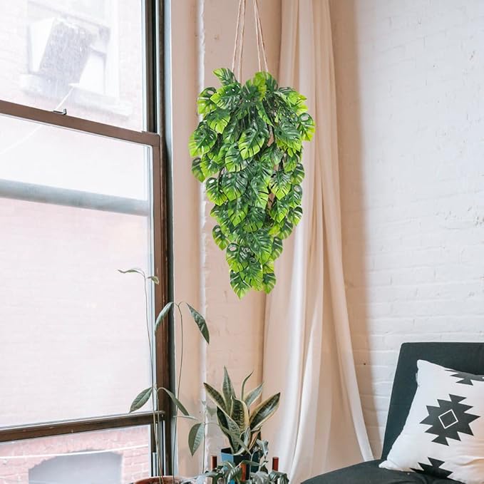 RECUTMS Artificial Hanging Plants 2 Pack, Fake Monstera Leaves Ivy Vine Faux Greenery UV Resistant Outdoor Tropical Palm Leaf Plant for Garden Home Jungle Hawaiian Luau Party Spring Summer Décor
