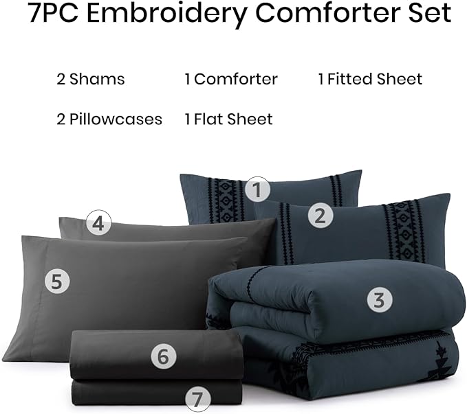 MaiRêve Embroidery Full Size Comforter Set Blue Grey, Farmhouse Western Boho Bedding Set 7 Pieces, All Season Bed in A Bag Comforter Set with Sheets, Pillowcases & Shams