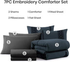 MaiRêve Embroidery Full Size Comforter Set Blue Grey, Farmhouse Western Boho Bedding Set 7 Pieces, All Season Bed in A Bag Comforter Set with Sheets, Pillowcases & Shams