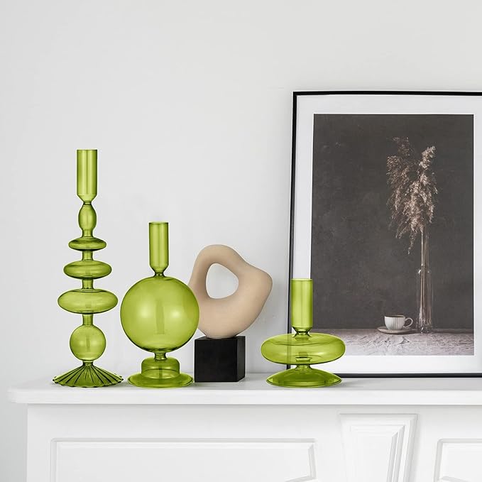 Rtteri 3 Pcs Glass Candlestick Holders Glass Candle Holders Groovy Wavy Elegant Taper Candle Stick for Wedding Home Birthday Party Christmas Halloween Decoration Windowsill Decor(Green)