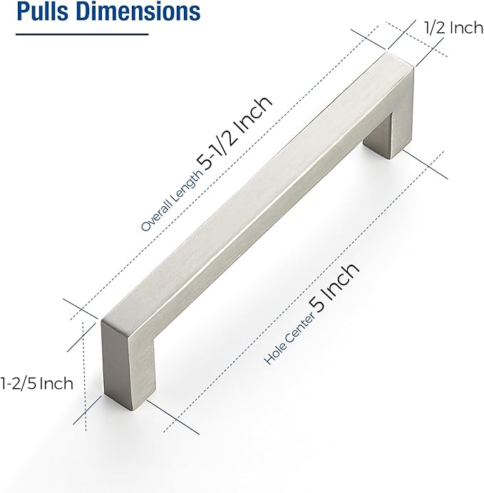 JOY DECOR 6 Pack Cabinet Handles, Brushed Nickel Cabinet Pulls, 5 Inch Kitchen Closet Handles Square Drawer Pulls Stainless Steel Drawer Hardware, 128mm Hole Centers