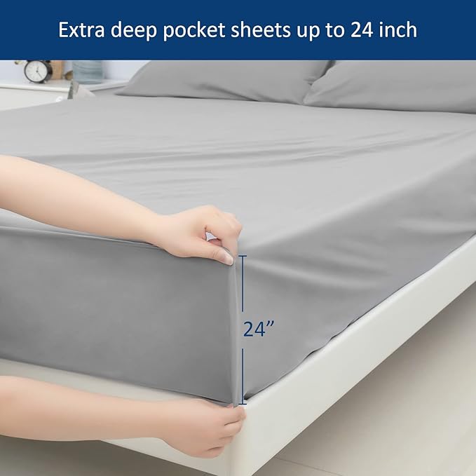 Moonsea Twin XL Sheet Sets - Extra Deep Pocket 3-Piece Twin XL Sheets - Twin Extra Long Sheet Set with Side Pocket - Easily Fits Extra Deep 16 in to 24 in Pillow Top (Grey)