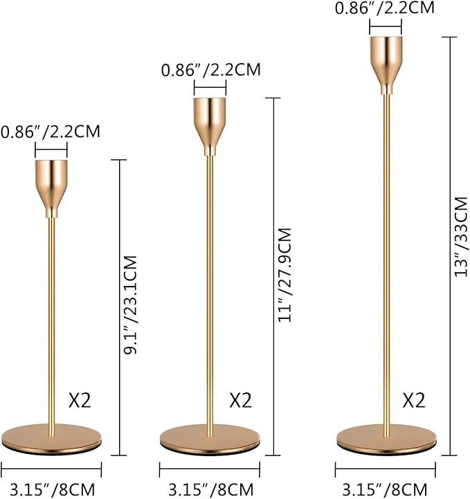 Denique Metal Gold Taper Candle Holder Set of 6 PCS for Table Centerpiece, Gold Candlestick Holders for Home Decor, Wedding, Dining, Party, Fits 3/4 inch Thick Candle&Led Candles