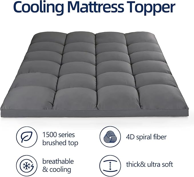 Mattress Topper California King Extra Thick Mattress Pad Cover, Plush Pillow Top, Deep Elastic Pocket, Grey
