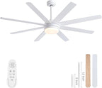 YUHAO 62 Inch White Ceiling Fan with Light and Remote Control.Noiseless,Dimmable,3CCT,6 Speeds Reversible, DC Ceiling Fans for Indoor or Covered Outdoor