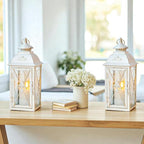 TRIROCKS Set of 2 Vintage Hanging Lantern - 13.5'' Decorative Metal & Tempered Glass Candle Holder - Ideal for Indoor/Outdoor Events, Patio, Garden, Parties White & Gold Brush Finish