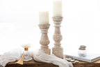 Kurrajong Farmhouse Candle Holders - Boho Set of 2 Tall Candle Stands | Decorative Wood 10" and 12" high | White Washed Candle Holders for Pillar Candles