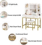 Vabches Vanity Desk with Mirror and Lights, with Charging Station,Makeup Vanity Table Set with Lighted Mirror, with 3 Lighting Modes and 2 Drawers&Cushioned Stool for Bedroom