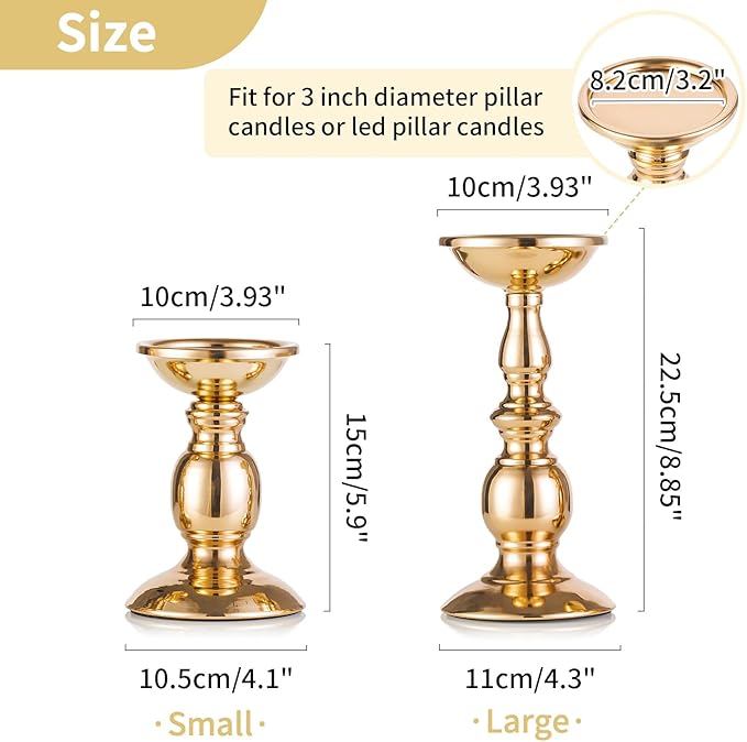 2 Pcs Gold Pillar Candle Holders, Gold Candlestick Most Ideal for 3" Pillar Candles, Gifts for Wedding, Party, Home, Spa, Reiki, Votive Candle (2 x L)