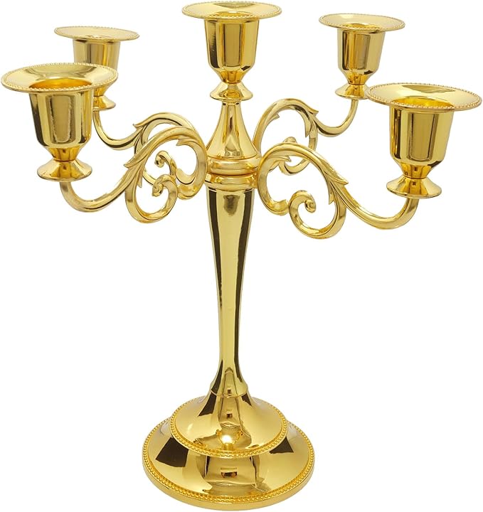 Metal Candle Holder，5 Arms Gold Candle Holders for Pillar Candles（10.6 inch Tall Candlestick Holders, for 1/2-1 inch Taper Candles Diameter Each）,Candelabra Centerpiece Decoration