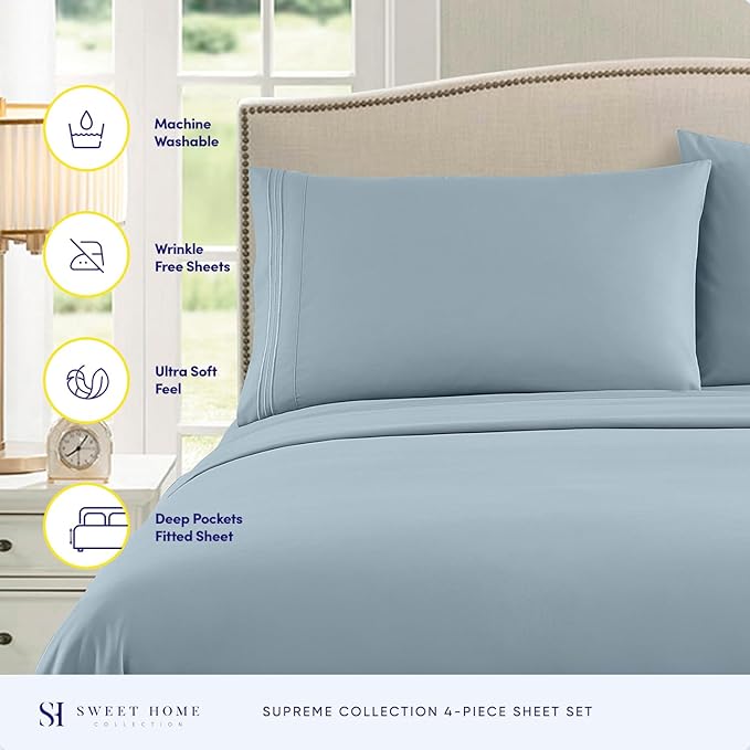 King Size Sheets - Breathable Luxury Bed Sheets with Full Elastic & Secure Corner Straps Built In - 1800 Supreme Collection Extra Soft Deep Pocket Bedding Set, Sheet Set, King, Misty Blue