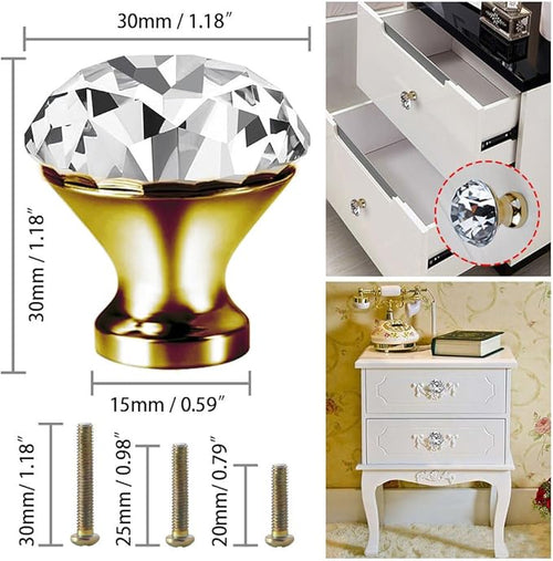 30mm Kitchen Cabinet Knobs Drawer Pull Handle Hardware, Crystal Clear Glass Round Diamond Shape Dresser Closet Bi-fold Door Bathroom Cupboard Desk Nightstand Furniture Decorative Drawer Knobs （12PCS）