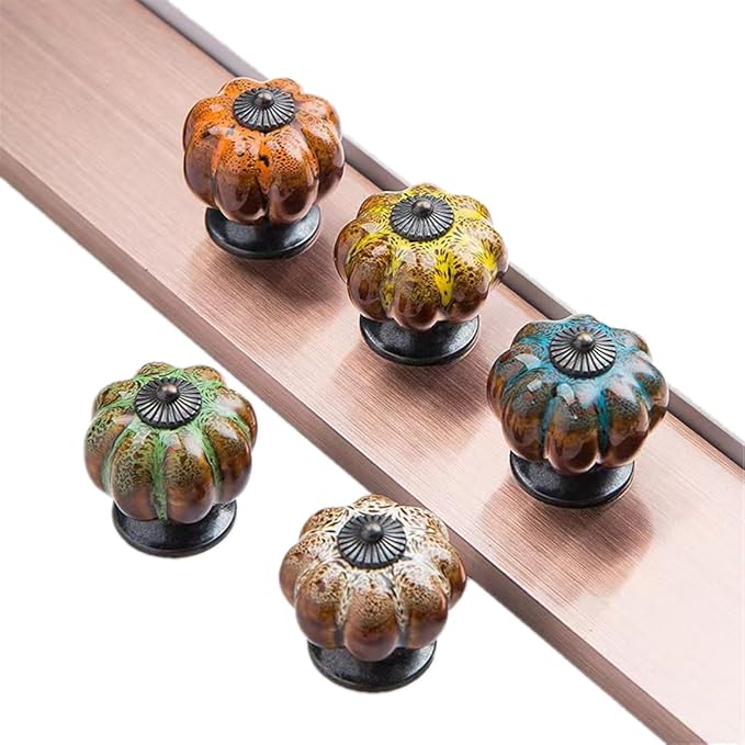 10 Pack Vintage Ceramic Pumpkin Cabinet Knobs, Kitchen Cabinet Drawers Dresser Cupboard Pull Handles Door Pulls with 5 Kinds of Screws (Leopard Print -Green)