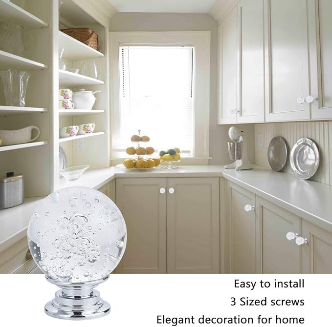 10 PCS Crystal Cabinet Knobs Round Glass Bubbles Knobs Smooth Drawer Pulls Handle for Home, Cabinet, Drawer and Dresser with 3 Different Size Screws, 30MM (Transparent)