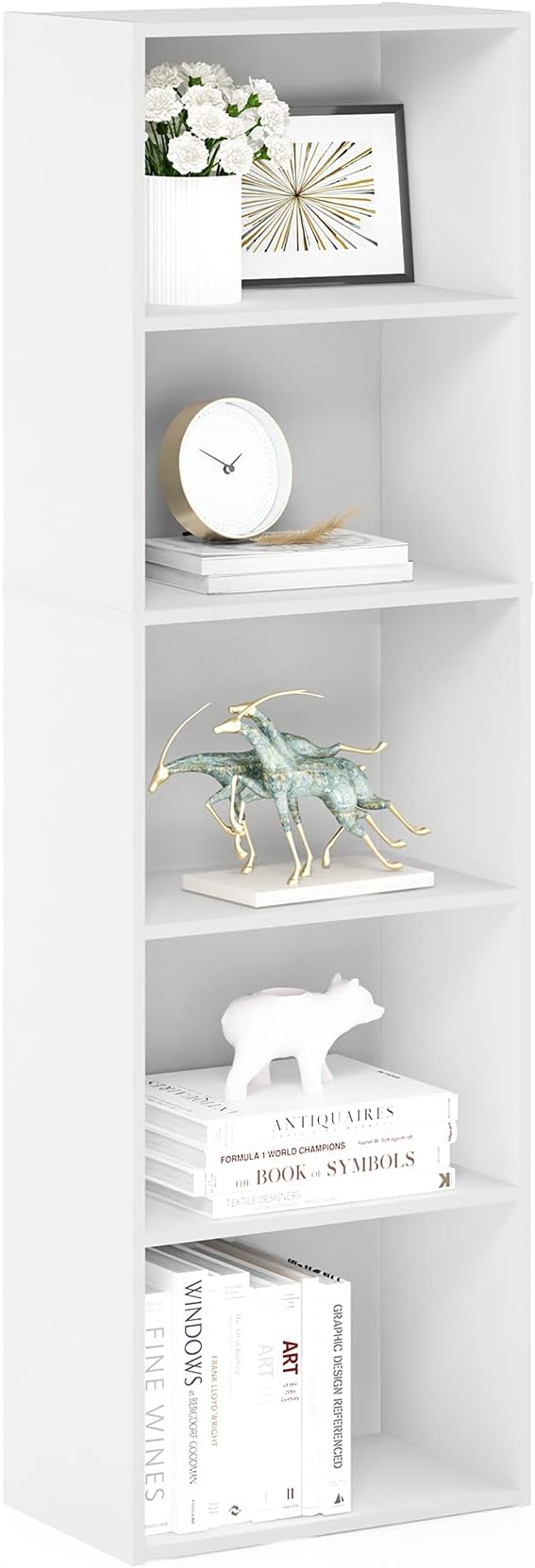 Furinno LUDER Book Shelf, 5-Tier Bookshelf, Bookcase, 9.4" x 15.8" x 52", for Living Room, Bedroom, Home Office, White