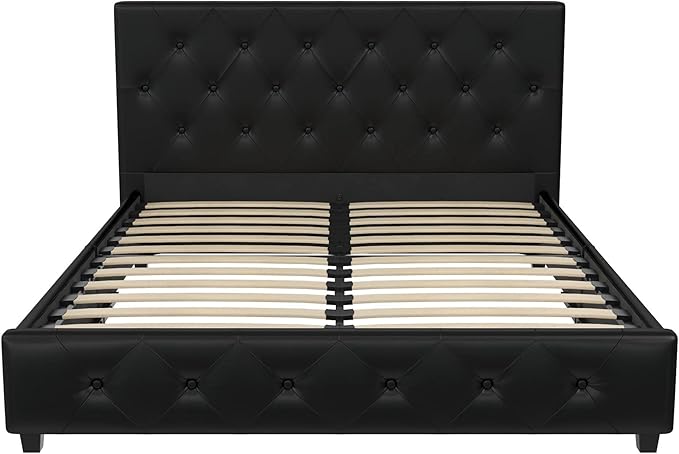 DHP Dakota Upholstered Platform Bed with Diamond Button Tufted Headboard and Footboard, No Box Spring Needed, Full, Black Faux Leather