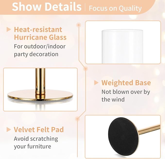 NUPTIO Gold Taper Candle Holders: Set of 3 Tall Hurricane Candlestick Holder with Open Ended Clear Glass Covers Long Stem Metal Candle Stick Stand for Fall Thanksgiving Christmas Table Decor