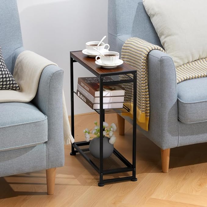 Small Side Table for Small Spaces - Slim End Table with Magazine Holder - 2 in 1 Design Narrow End Table Living Room - Skinny Bedside Table Nightstand Bedroom Thin Side Table, Cherry