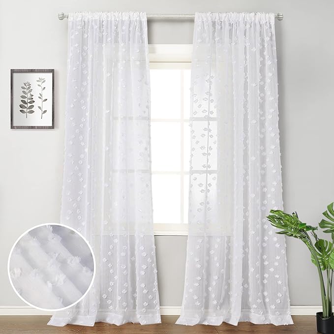 MYSKY HOME Pom Pom White Sheer Curtains for Bedroom Girls Room Curtains 120 Inches Long for Nursery Kids Light Filtering Boho Window Drapes, Rod Pocket, 38" Wide, 2 Panels