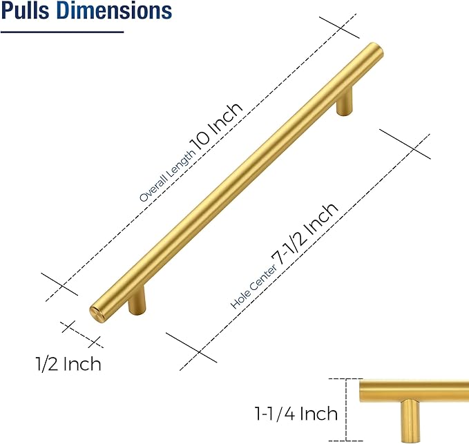 JOY DECOR 5 Pack Cabinet Handles, Gold Cabinet Pulls, 7-1/2 in Hole Center Kitchen Cabinet Handles, Stainless Steel T Bar Handles for Dresser Drawers