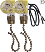 Ceiling Fan Light Switch Zing Ear ZE-109 Two-Wire With Pull Cords for Fans, Lamps and Wall Lights - Pull Chain Control Replacement On-Off, 2 Pcs Bronze