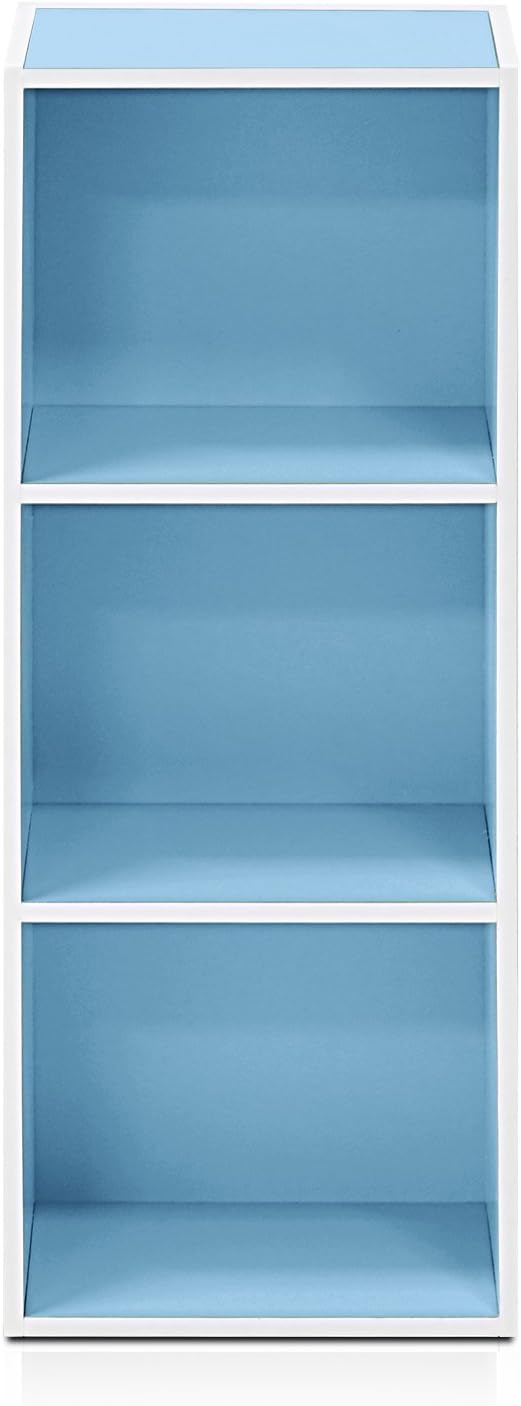 Furinno LUDER Book Shelf, 3-Cube Bookshelf, Bookcase, 9.3" x 12" x 31.5", for Living Room, Bedroom, Home Office, White/Light Blue