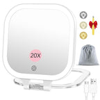 FASCINATE 20X Magnification Rechargeable Travel Makeup Mirror, Lighted Portable Vanity Mirror with 3 Colors Lighting & Stepless Dimming, Double Sided LED Mirror, Gift for Women (White+Bag)