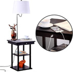 Brightech Madison Side Table with Lamp Combo with LED Bulb, Desk Lamp with USB Port, Bedside Reading Lamp, Modern End Table with Floor Lamp for Bedroom, Living Room, Office - Black with White Shade