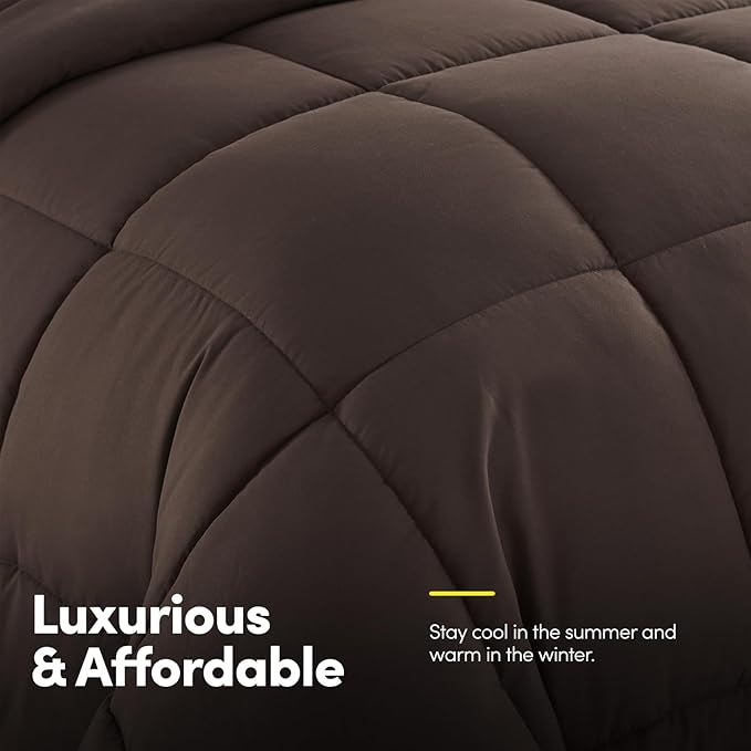 Sweet Home Collection 7 Piece Comforter Set Bag Solid Color All Season Soft Down Alternative Blanket & Luxurious Microfiber Bed Sheets, Brown, Queen