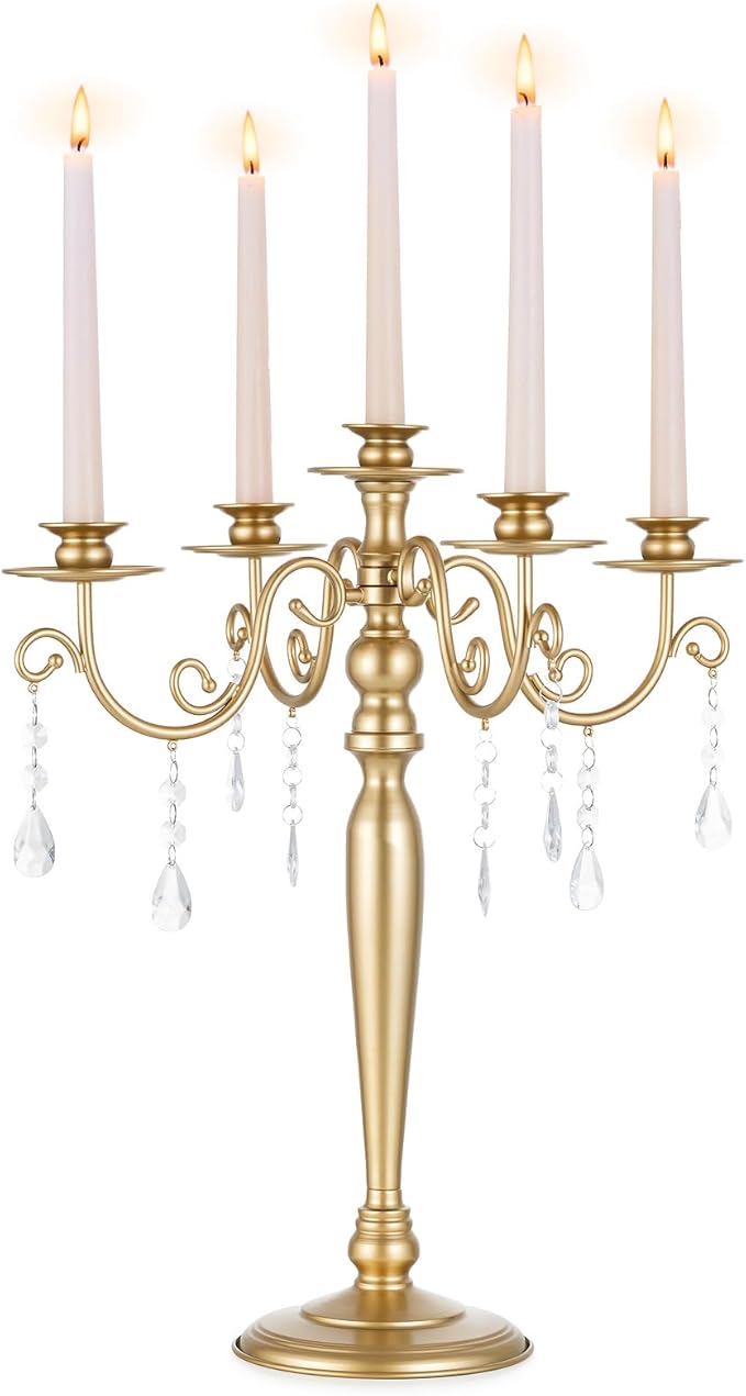 Sziqiq Gold Candelabra Candle Holder: 5 Arm Candelabras Centerpiece Table Decorations for Wedding - Vintage Metal Candlestick Candleholders for Dining Table Fireplace