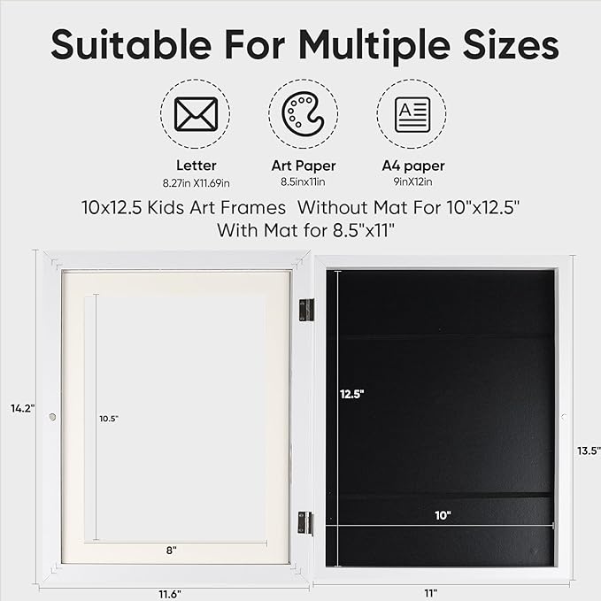 [4-Pack]Kids Artwork Frames Changeable - Kids Art Frame,Kids Art Frames Front Opening Holds 150,Children Art Projects Kids Art Frames,10x12.5 Picture Frame for Display Kid Art Work,With Storage(White)