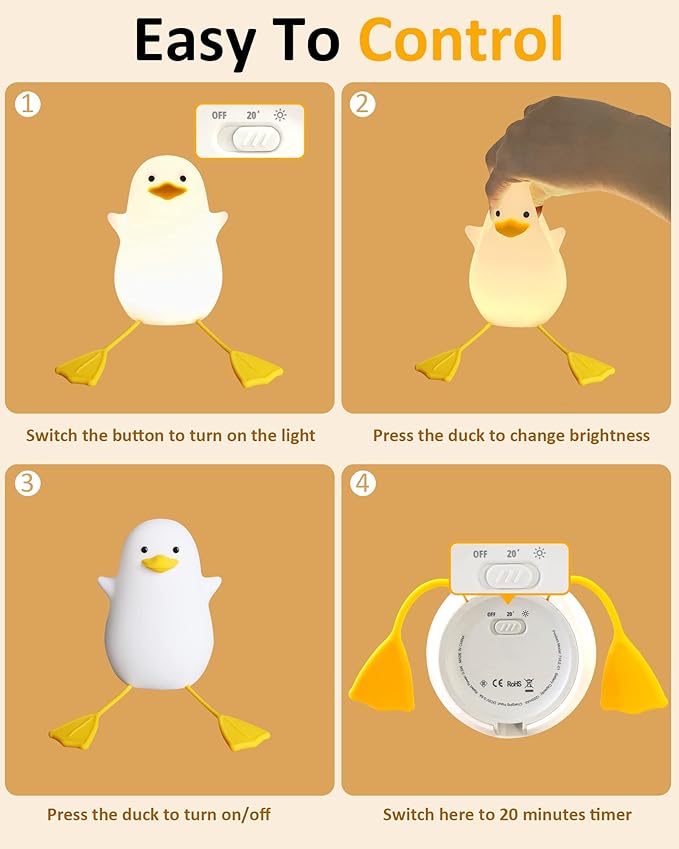 Attivolife Duck Night Light for Kids, Cute Animal Silicone Lamp Touch Control + Dimmable + Timer, USB Rechargeable LED Feeding, Bedside Bedroom Decor Birthday Gifts for Toddler Baby Women