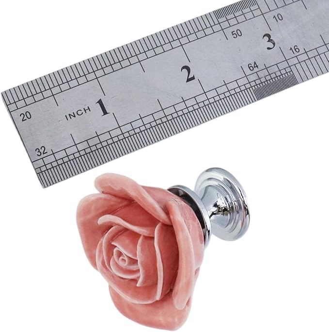 8PCS 1.57" × 1.3" Ceramics Peach Rose with Base Knobs Flower Shaped Pulls for Cupboard Drawer with 2 Kinds of Screws