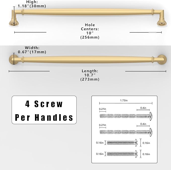 10 Pack Brushed Gold Cabinet Pulls 10 Inch(254mm) Kitchen Cabinet Handles Solid Zinc Alloy Cabinet Hardware Drawer Pulls
