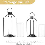 Nuptio Decorative Lantern Candle Holder: 2 Pcs Glass Hurricane Pillar Candles Holders Rustic Black Metal Hanging Lanterns Decor for Outdoor Wedding Farmhouse Home Fireplace Christmas Halloween