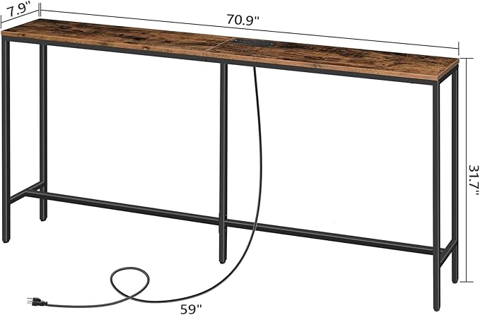 70.9'' Console Table with Power Outlet, Narrow Sofa Table, Industrial Entryway Table with USB Ports, Behind Couch for Entryway, Hallway, Foyer, Living Room, Rustic Brown CTHR18E01Z1