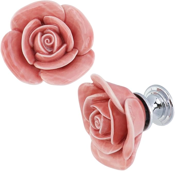 8PCS 1.57" × 1.3" Ceramics Peach Rose with Base Knobs Flower Shaped Pulls for Cupboard Drawer with 2 Kinds of Screws