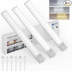 Under Cabinet Lighting 12 Inches Rechargeable Motion Sensor Light Indoor, 3 Color Dimmable Closet Light Battery Operated, USB Stick on LED Magnetic Under Counter Lights for Kitchen Stair, 3Packs