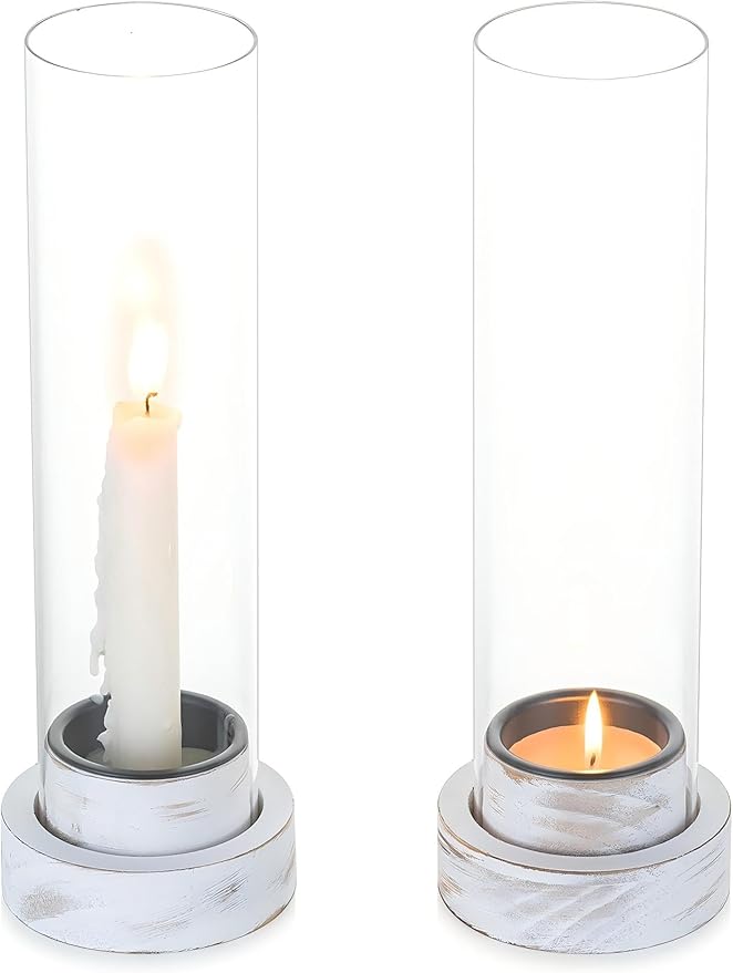 NUPTIO Dripless Candlestick Holders with Wax Catchers: Set of 2 Hurricane Glass Candle Holders with Metal Bobeches for Easier Reuse - White Wood Farmhouse Home Decor for Christmas Fireplace